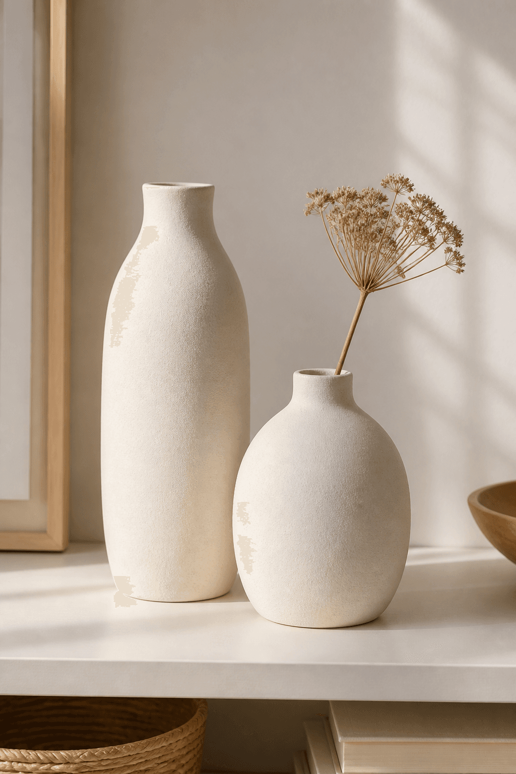Ceramic vase duo on pale wood