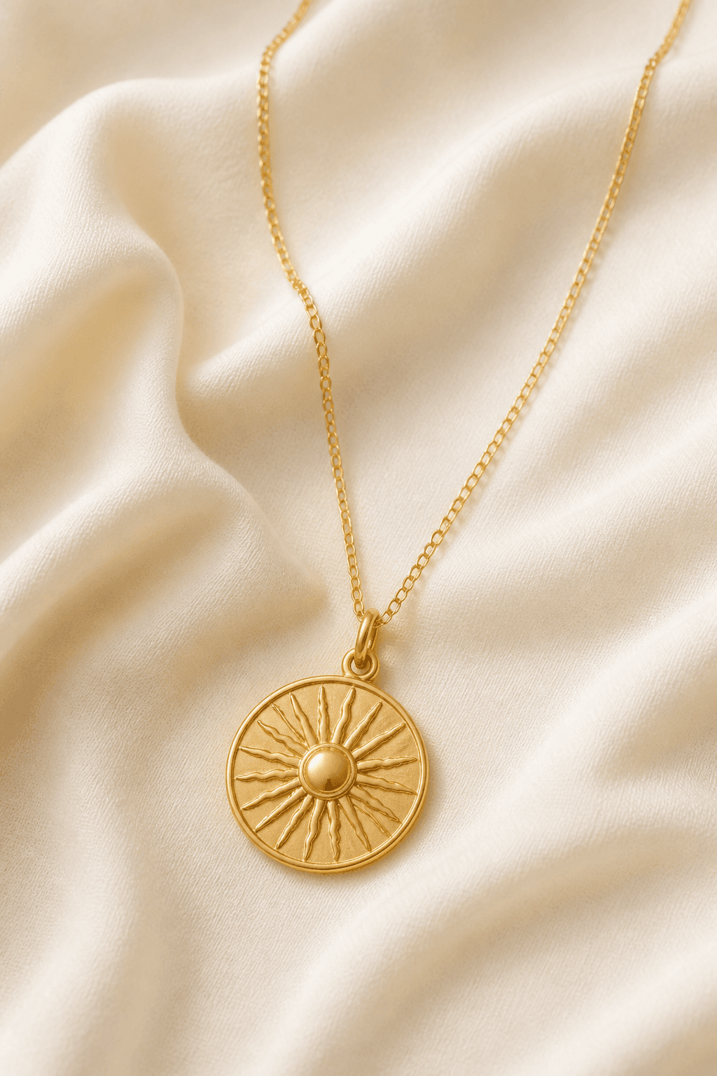 Gold-tone pendant necklace on pale surface