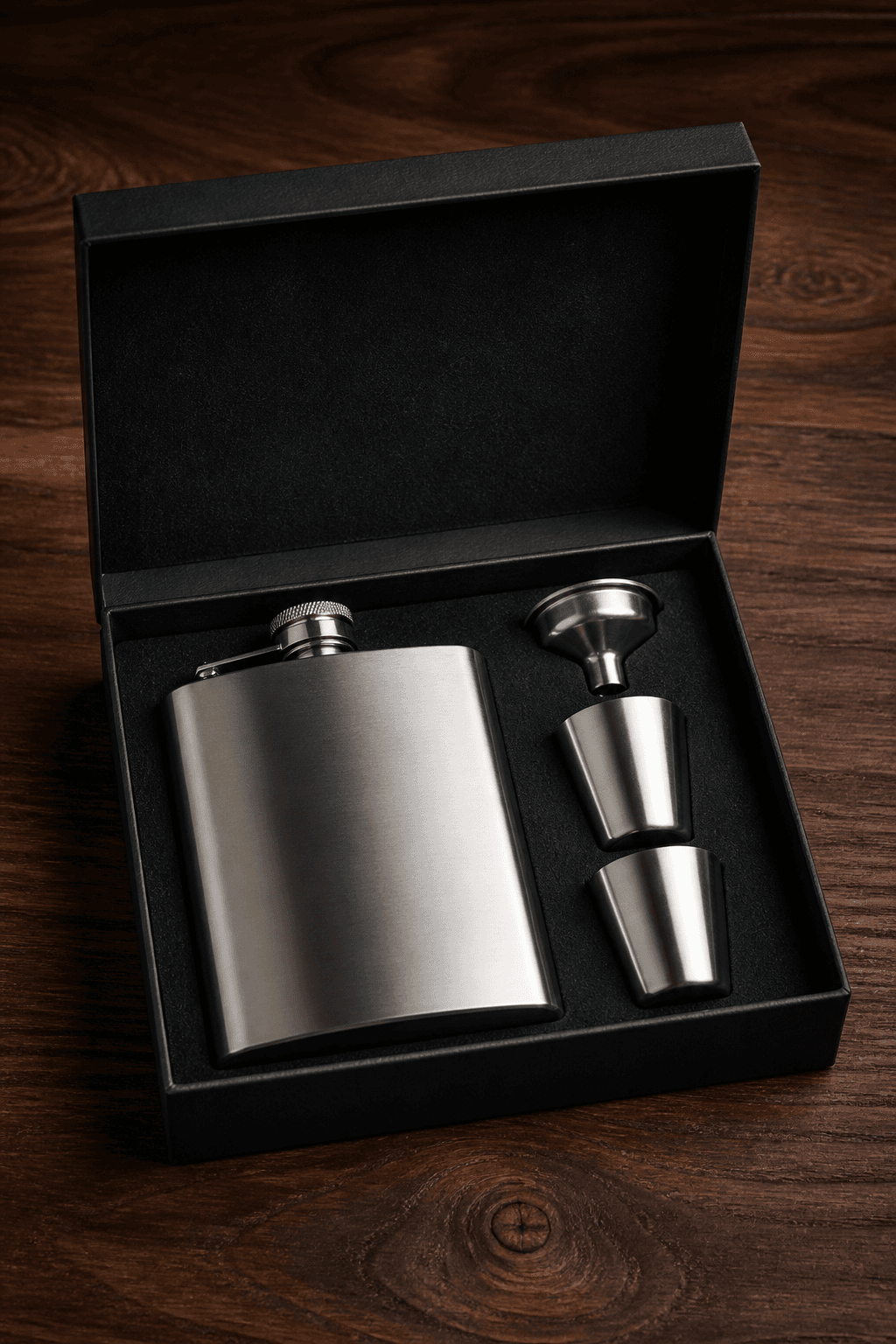 Groomsmen hip flask set on dark surface