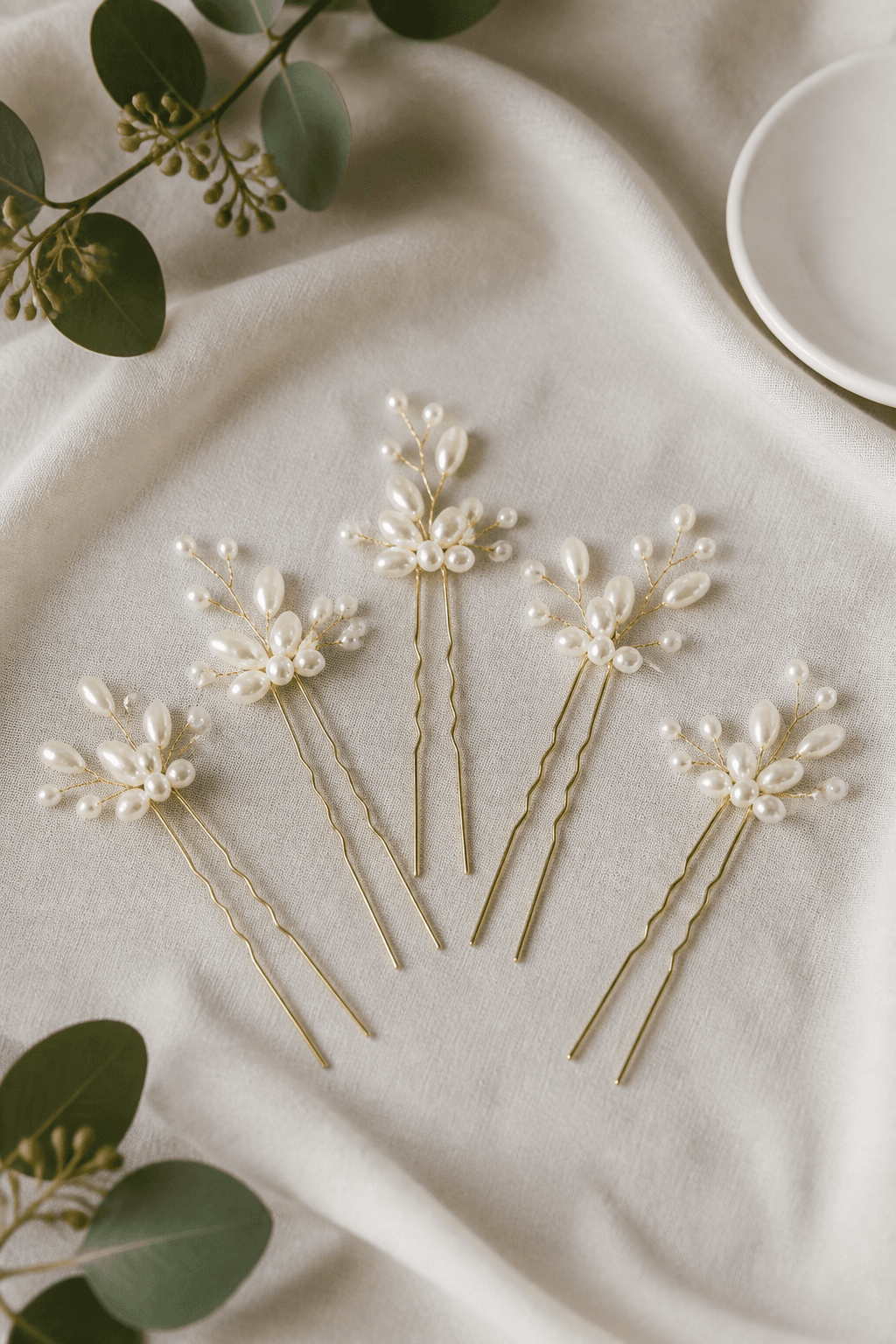 Pearl bridal hair pins on soft fabric