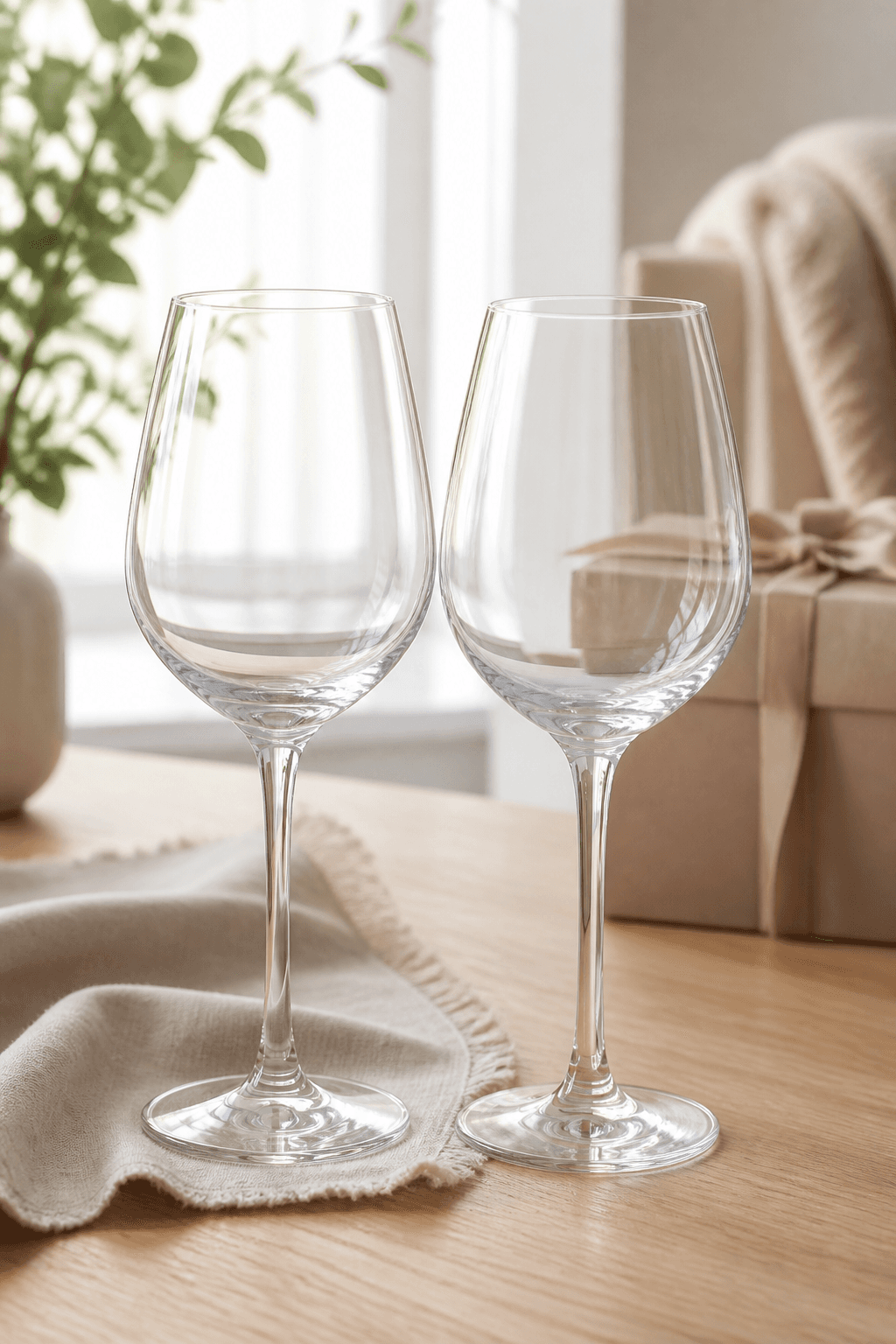 Pair of couple wine glasses on oak table