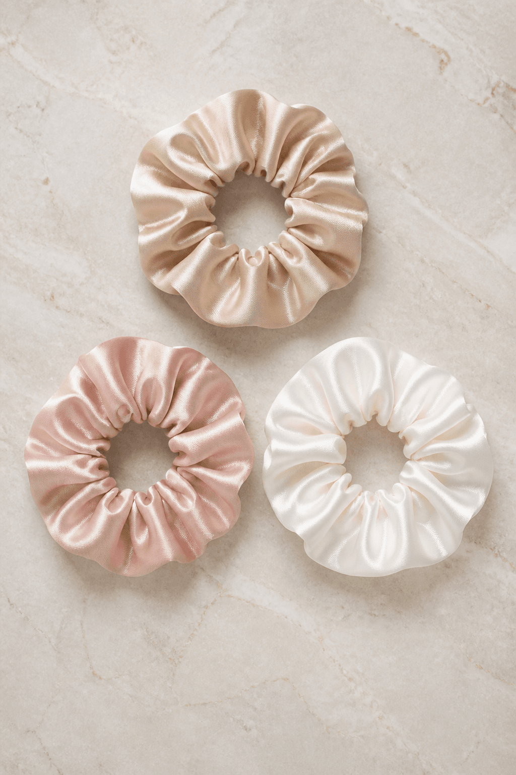 Silk-feel scrunchie trio in soft tones