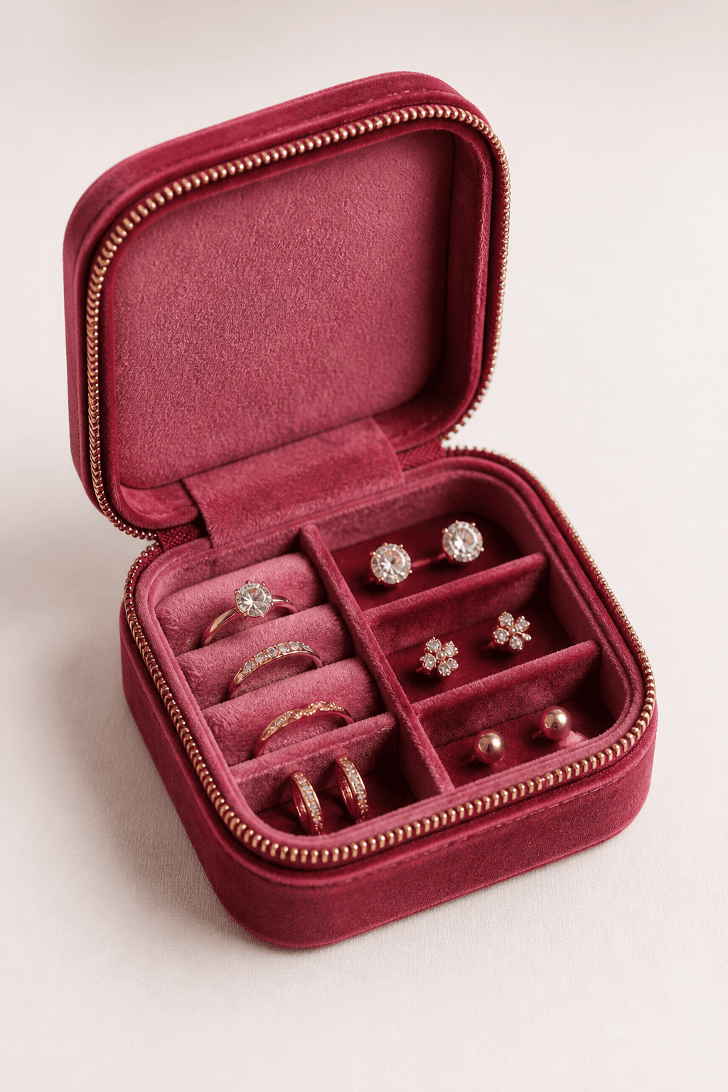 Open velvet jewellery travel case with compartments