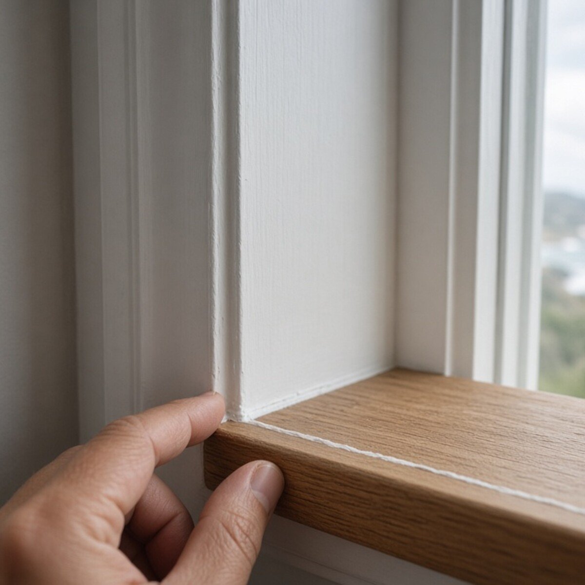 Door and window sill inspection detail with cool coastal view