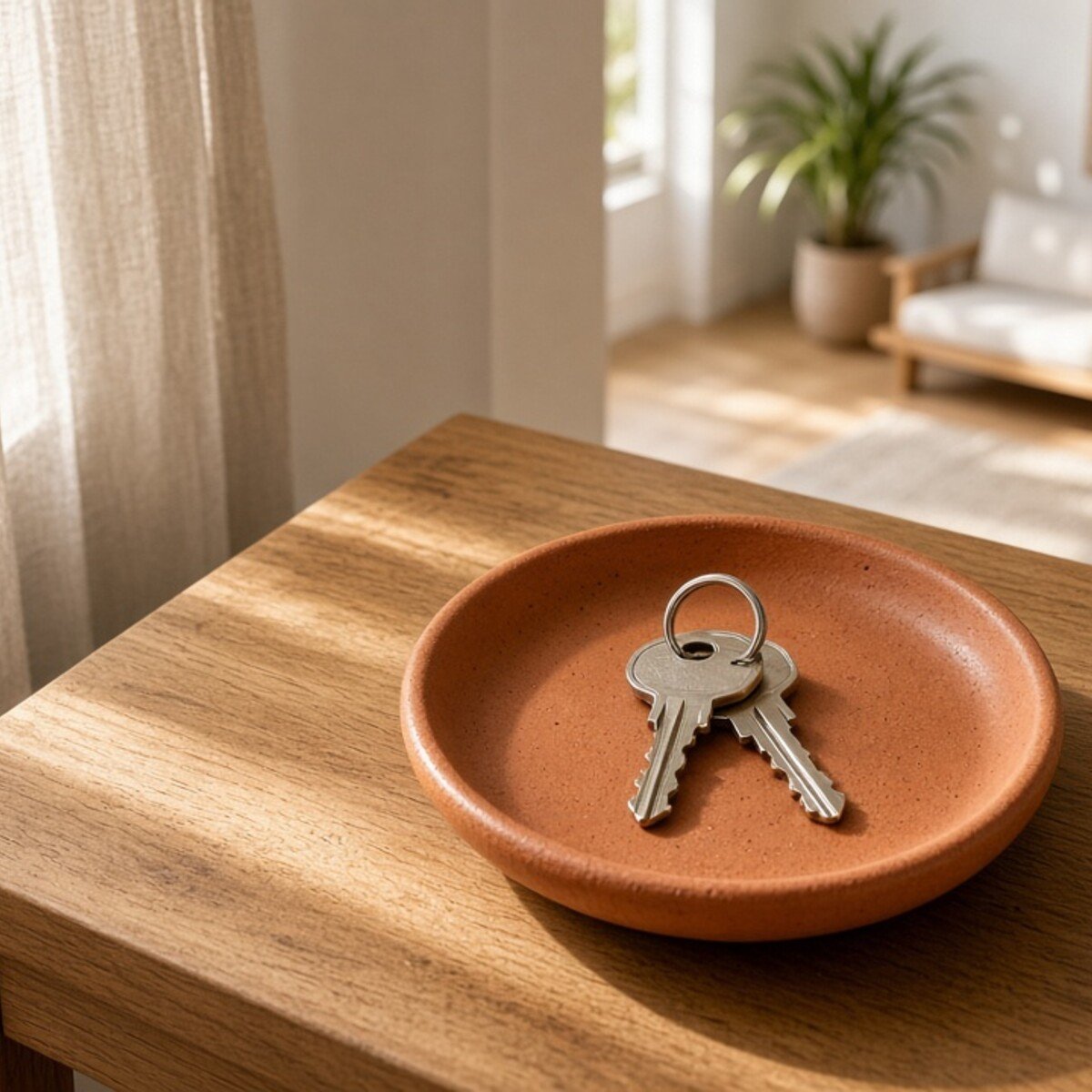Handover keys in terracotta dish on oak console