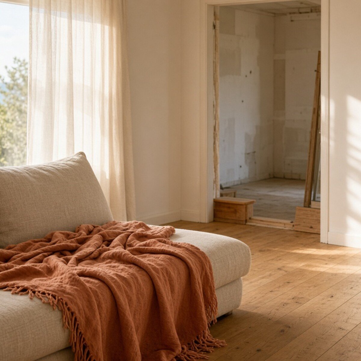 Site walkthrough — coastal living with unfinished room beyond doorway, warm afternoon light